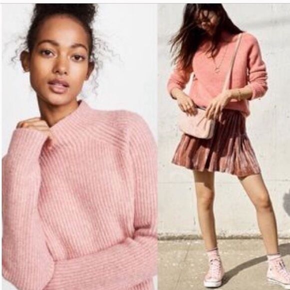 Madewell Northfield Women's Mock Neck Pullover Sweater Pink Small Ribbed Texture - Picture 1 of 10
